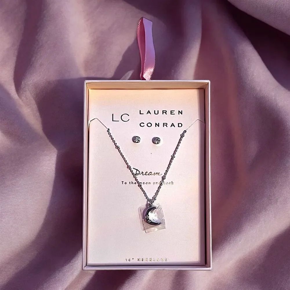 LC Lauren Conrad Dream Rhinestone Moon Necklace And Earring Box Set NWT